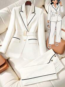 GlowEve CURVE Plus Size Women Patchwork Elegant Blazer + Straight Leg Pants, Commuter Outfit - Black and White - View 1
