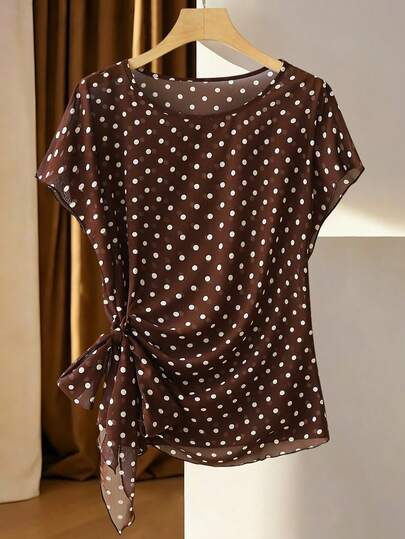 Franclia Blusa de corbata de gasa con lunares minimalista