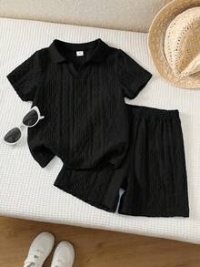 SHEIN 2-Pack Young Boys Summer Matching Family Vacation Holiday Textured Fabric Polo Shirt With Collar & Zipper Neck And Shorts Set For Outdoor Play,Party - Black - View 3