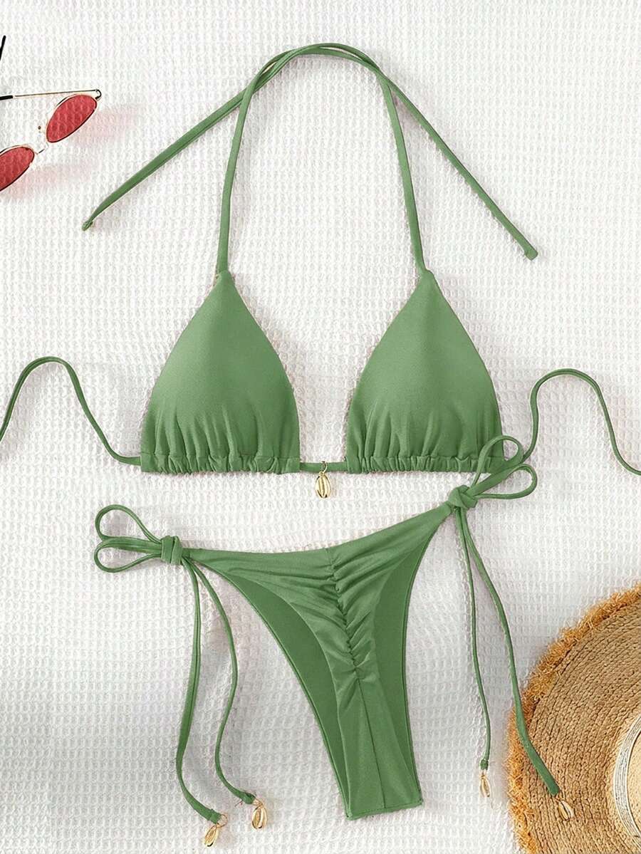 Swim Basics 2025 Solid Color Halter Knotted Split Bikini Swimwear - Green - View 1