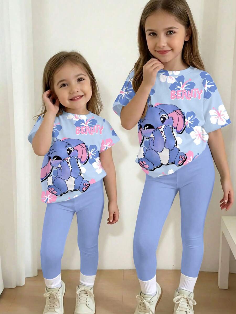 夏季家庭套裝 少女可愛卡通藍兔 Lulu Stitch 花卉圓領寬鬆短袖 T-shirt 緊身褲 2 件套 - 彩色 - 查看 1
