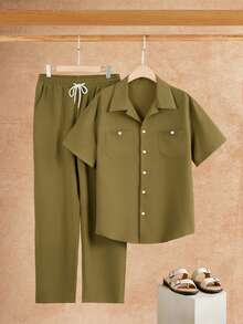 VENTUSAIL 2pcs Men's Casual Short Sleeve Shirt & Pants Set, Holiday - Army Green - View 5