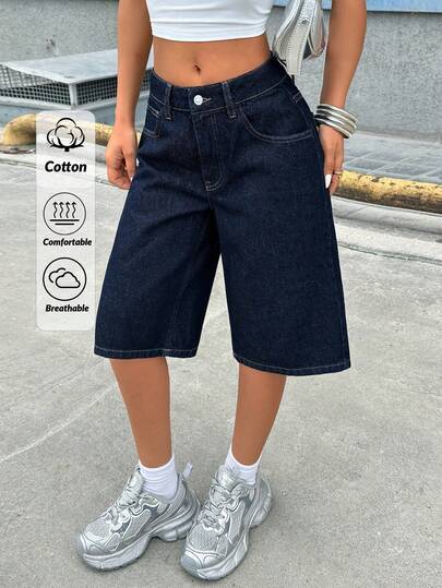 EURMUSE Tall 100% Cotton Tall Low Waist Raw Wash Denim Jort