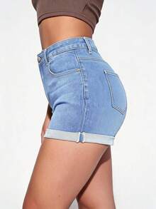 Flexra Quần short denim nữ cỡ lớn dáng ôm, túi xéo, thích hợp cho mùa hè. - Rửa trung bình - Xem 5