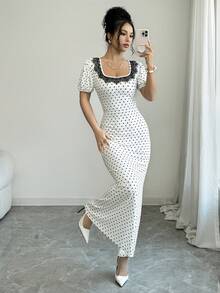 SHEIN Clasi Elegantes langes Damenkleid mit Puffärmeln, kontrastierender Spitze und Polka-Dot-Muster - Verschiedenfarbig - Übersicht 5