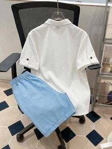 SHEIN 青少年男孩休閒舒適紋理波浪條紋短袖襯衫與短褲套裝，春季/夏季 - 藍色 - 查看 2