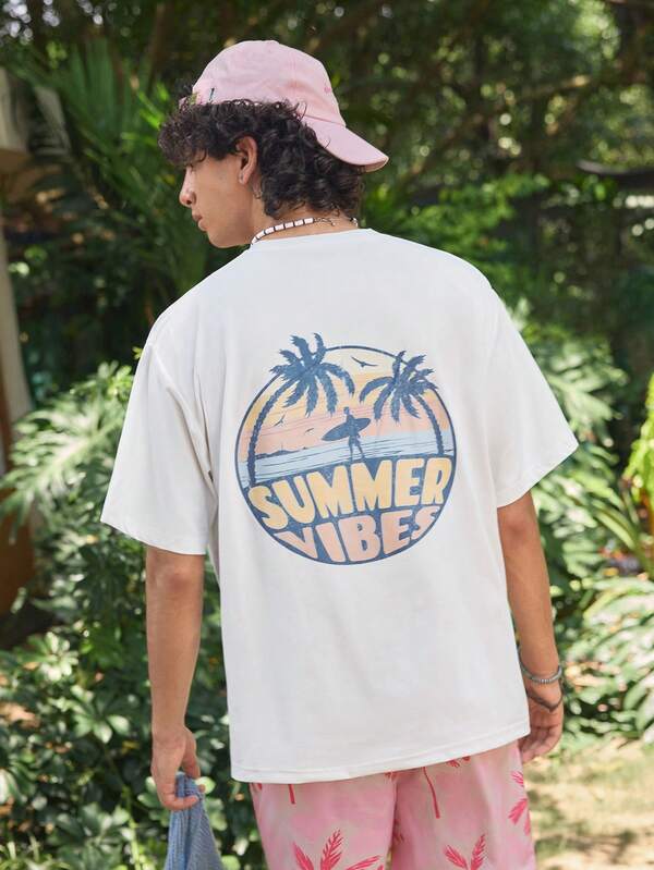 Open Phase Men's Graphic Print T-Shirt, Beach Summer Wear Loose Fit Short Sleeve Tee