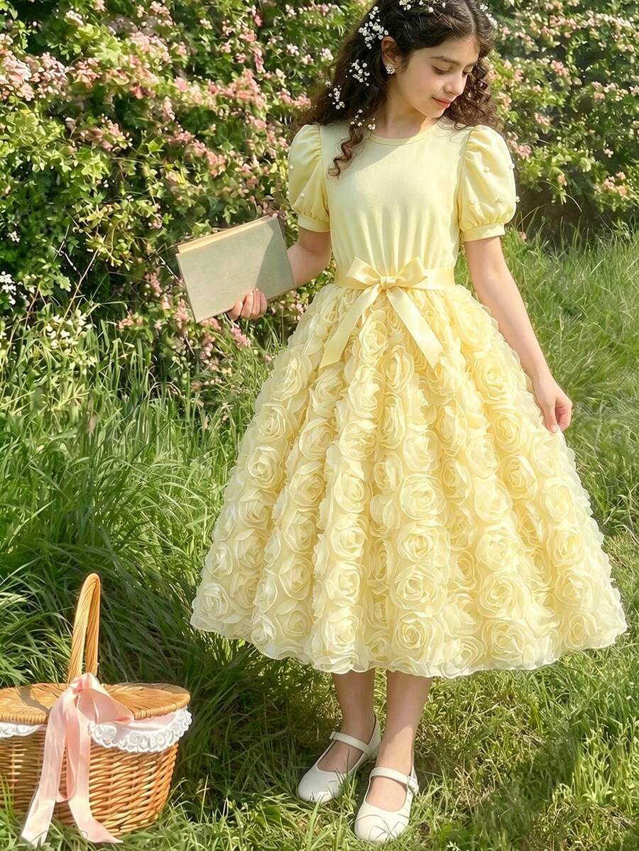 Tween少女淡黃色夏季優雅派對花童迷你洋裝 3D花朵珍珠袖附腰帶套裝 2026春季花童女童洋裝 - 黃色 - 查看 1