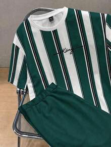 2 peças/Conjunto Casual de Menino Pré-Adolescente Camiseta de Manga Curta com Gola Careca e Estampa de Rei Listrada e Conjunto de Shorts, Adequado para Verão, Estilo de Rua, Férias, Moda de Primavera e Verão - Multicolorido - Visão 4