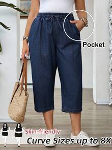 SHEIN CURVE+ Plus Size Summer Casual Business Casual Drawstring Waist Slant Pocket Denim Jeans Dates Date Night Navy Blue - Dark Wash - View 1