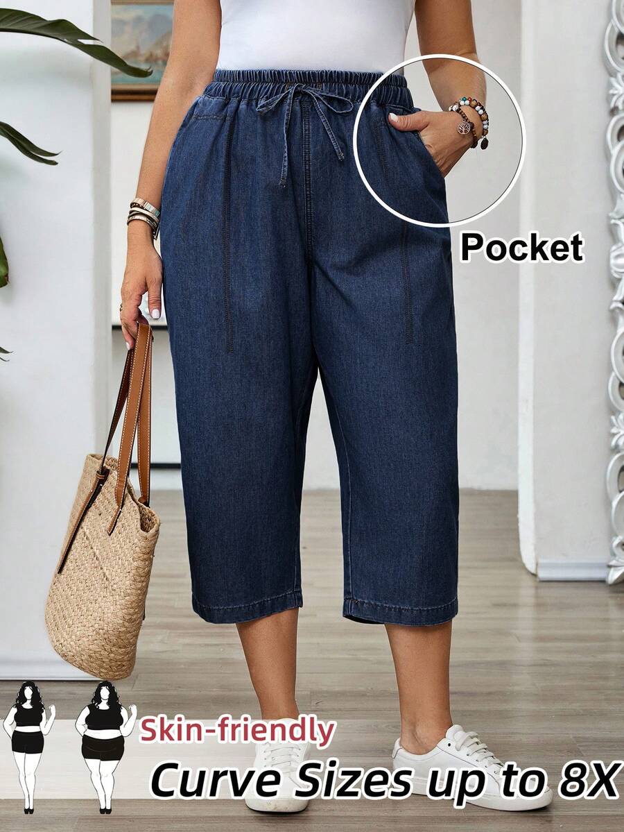 SHEIN CURVE+ Plus Size Summer Casual Business Casual Drawstring Waist Slant Pocket Denim Jeans Dates Date Night Navy Blue - Dark Wash - View 1