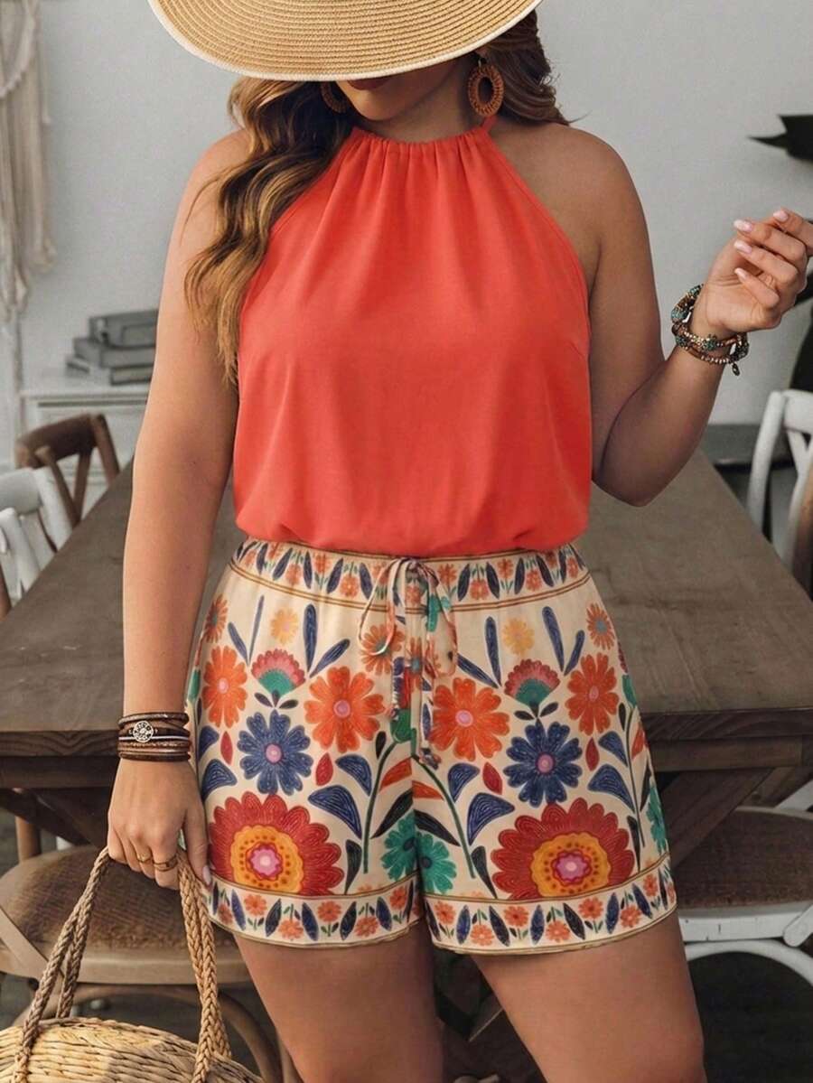 Mellowie Plus Size Women's Printed Jumpsuit Suitable For Vacation - Multicolor - View 1
