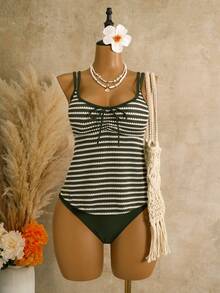 Swim Lushoire Women's Slimming Swimwear Set, Flattering Spa Beach Resort Green Striped Olive Green Summer Casual - Green - View 3