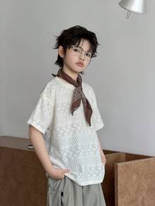 Dazy Kids 大童男童大尺碼純色紋理圓領短袖上衣 夏季 - 杏色 - 查看 4