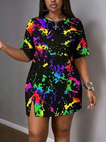 Slaydiva Plus Size Tie-Dye Print Round Neck Summer Short Sleeve Dress, Suitable For Party - Multicolor - View 3