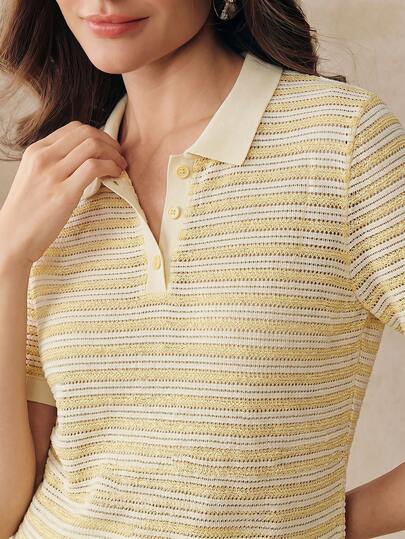 Anewsta Nouveaux hauts de qualité pour femmes, style mode été. Taille standard, rayures, col demi-montant, tricot, manches courtes, pulls. Hauts mignons