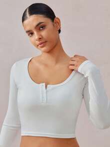 Veilyse 2PCS Women's Solid Color U-Neck Button Front Long Sleeve Crop Top & High Waist Shorts Lounge Set - White - View 5