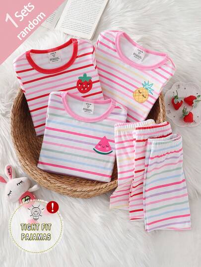 Bộ 3 món đồ ngủ ngắn tay bó sát cho bé gái, họa tiết sọc nhiều màu sắc, dâu tây, dứa, dưa hấu, hộp quà bất ngờ giao hàng ngẫu nhiên.