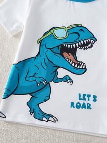 (Random 5 Sets, Send 2 Sets) Young BoyCute Dinosaur Print Soft Short Sleeve Shorts Pajama Set, Comfortable For Indoor Wear And Outdoor Activities - Multicolor - View 3