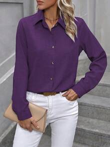 EMERY ROSE Camisa casual/de trabajo de mujer de unicolor, de manga larga y de abotonadura sencilla - Morado - Ver 4