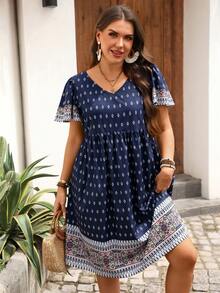 EMERY ROSE Vestido boho de manga corta con estampado floral azul marino para mujer de talla grande, vestido fluido, atuendos, vacaciones de verano casuales - Multicolor - Ver 7