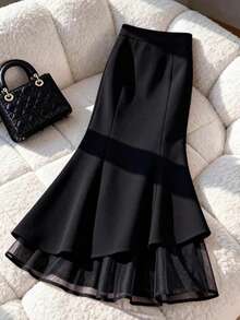 Airaco Women's Elegant Double-Layer Chiffon Mermaid Hem Solid Color Skirt Date Black Autumn - Black - View 4