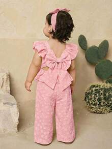 2 Pieces Baby Girl Summer Casual Color-Blocked Ruffled Shirt And Trousers Set - Baby Pink - View 3