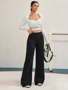 SHEIN Tall Women's Casual Everyday Commute Minimalist Versatile Solid Color Elastic Waist Loose Straight Leg Jeans - Black - View 3