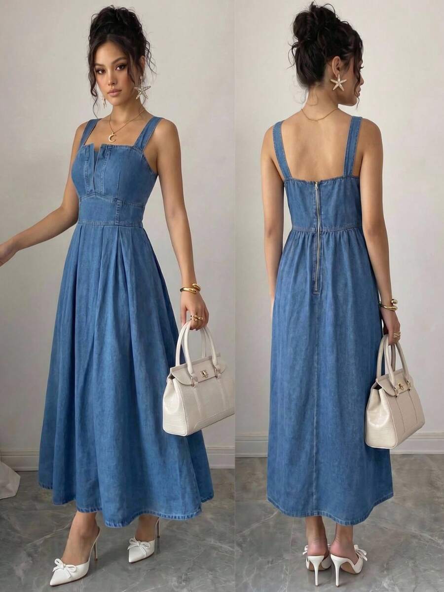 Flexra Mẫu đầm denim thanh lịch mới nhất mùa xuân/hè với thiết kế xếp ly và thắt eo dành cho nữ. - Rửa trung bình - Xem 1
