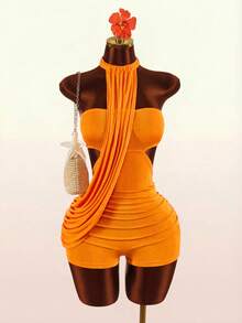 Amplova Bộ jumpsuit nữ gợi cảm hở lưng, không dây vai, thích hợp mặc đi nghỉ mát. - trái cam - Xem 4