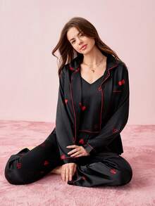Bonmuse 三件套仿丝绸爱心印花上衣+长裤+短裤睡衣套装，秋冬服装 - 黑色 - 查看 10