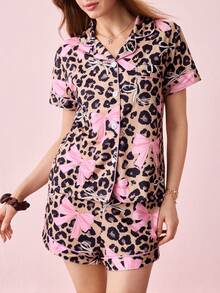 Bonmuse Marira 2pcs Leopard Bowknot Print Women Pajama Set, Collar Shirt Short Sleeve Comfortable Top And Elastic Waist Shorts Casual Wear - Pink - View 7