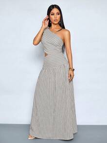 SOLERSUN Abito lungo da donna in stile casual da vacanza in lino a righe con spalle scoperte e dettagli traforati, estetica vintage - Albicocca - Visualizzare 5