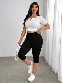Enliva Leggings de yoga slim avec poches latérales, grande taille, tissu respirant, pour l'été, compatible avec la forme de corps arrondie - Noir - Voir 4
