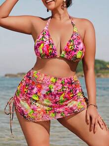Swim SXY 大尺碼女款3件套 花卉與豹紋印花細肩帶比基尼上衣搭配花卉與豹紋印花裙，休閒海灘度假泳裝 - 黃色 - 查看 1