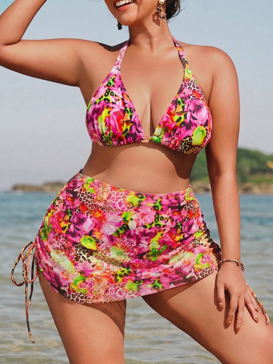 Swim SXY 大尺碼女款3件套 花卉與豹紋印花細肩帶比基尼上衣搭配花卉與豹紋印花裙,休閒海灘度假泳裝 - 黃色 - 查看 1