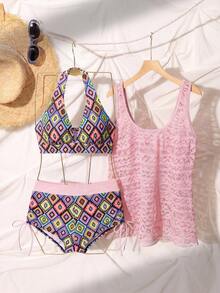 SHEIN Swim 女士沙滩装，假日，新年 - 深V椰树印花短裤搭配镂空针织罩衫和吊带露脐比基尼三件套 - 彩色 - 查看 8