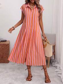 Louniche Loose Fit Collared Button-Front Striped Pleated Short Sleeve Midi Shirt Dress, Pink And Orange Base With Stripes, Elegant Tropical Beach Holiday - Multicolor - View 4