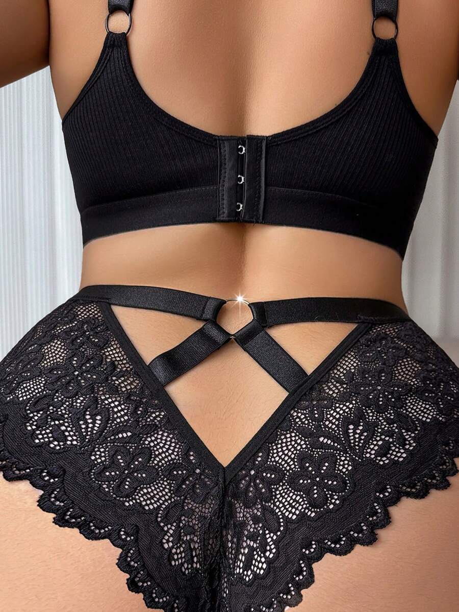 SHEIN Quần lọt khe ren gợi cảm cỡ lớn - màu đen - Xem 1