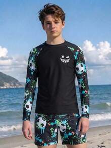 SHEIN Tween Boys Slim Fit Graffiti Football Print 2 Pieces Swimwear, Suitable For Spring/Summer Beach Vacation - Multicolor - View 6