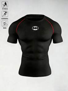 BATMAN X SHEIN 男士圖案印花圓領黑色短袖運動T恤，夏季、健身房、度假 - 黑色 - 查看 1