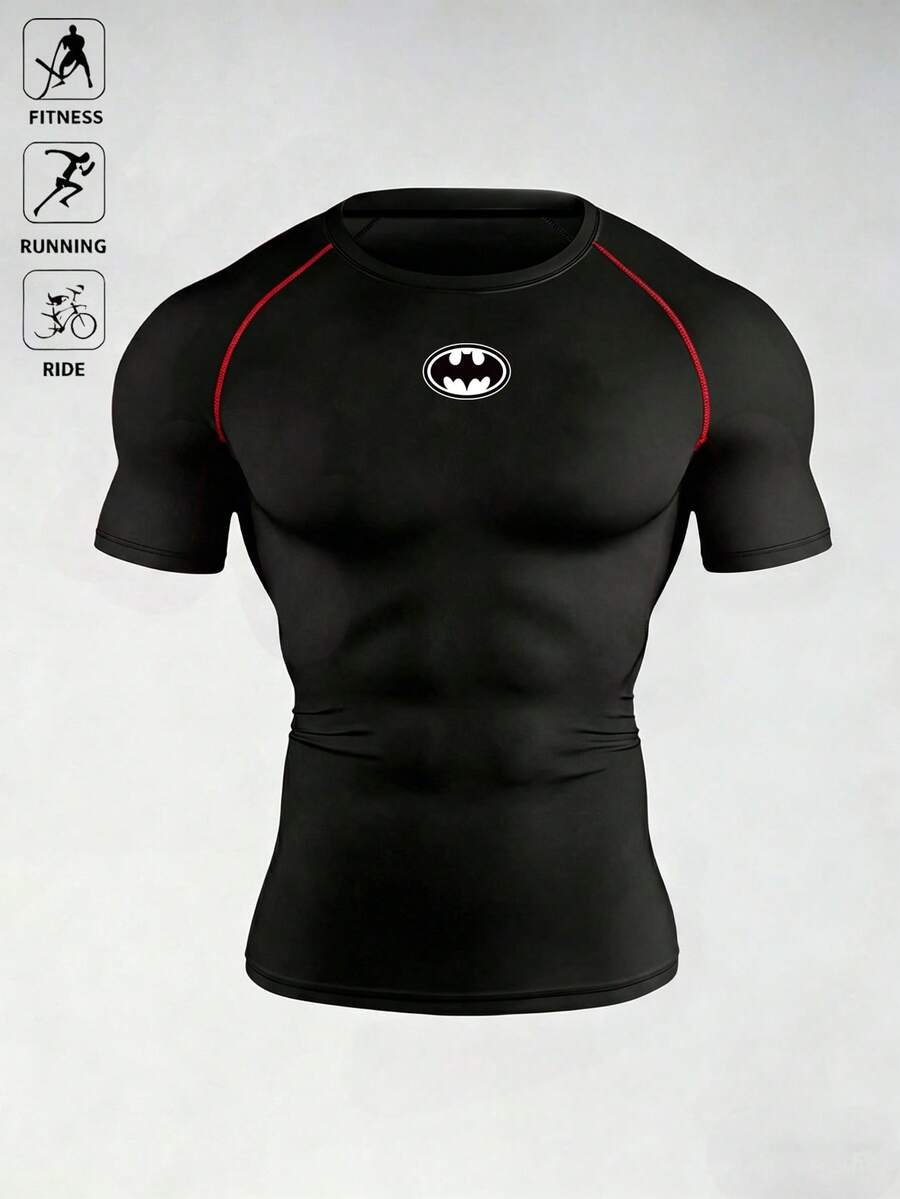 BATMAN X SHEIN 男士圖案印花圓領黑色短袖運動T恤，夏季、健身房、度假 - 黑色 - 查看 1