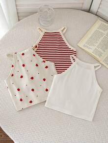 SHEIN LMoss Kids 3件/組少女草莓印花圓領休閒背心上衣，夏季時尚度假款 - 彩色 - 查看 5