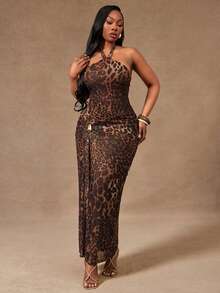 Radiana Plus Size Women's Brown Elegant Summer Leopard Print Halter Tie Bodycon Ruched Metal Decor Dress For Night Out Club,Prom Gathering Banquet Party - Multicolor - View 1