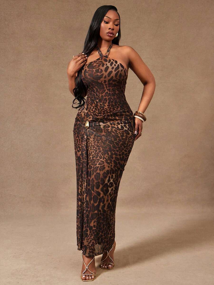 Radiana Plus Size Women's Brown Elegant Summer Leopard Print Halter Tie Bodycon Ruched Metal Decor Dress For Night Out Club,Prom Gathering Banquet Party - Multicolor - View 1