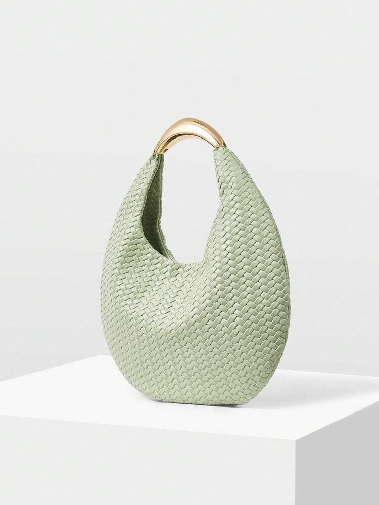 WOMEN'S FASHIONABLE FRESH GREEN WOVEN HANDBAG, EXQUISITE HARDWARE HANDLE, SIMPLE VACATION ROUND BAG, SUITABLE FOR DAILY, COMMUTING, SUMMER VACATION, TRAVEL, PARTIES, WEDDINGS, DRESS MATCHING