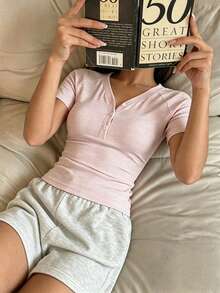 SHEIN Áo thun ngắn tay kẻ sọc phong cách Y2K châu Âu và Mỹ cổ điển cho nữ thiếu niên, mùa hè - Hồng - Xem 5