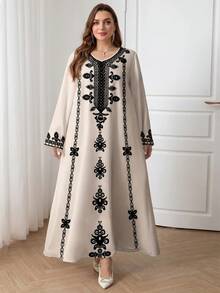 Al Najma 大尺碼女款春/秋季休閒碎花印花V領喇叭袖寬鬆波西米亞風長洋裝 - 彩色 - 查看 1