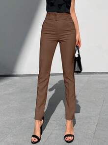 EURMUSE Solid Zipper Fly Skinny Pants - Chocolate Brown - View 3