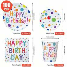 Colorful Polka Dot Disposable Plates, Napkins, And Cups For A Happy Birthday, Birthday-Themed Plates, Napkins, And Paper Cups For Party Supplies, Suitable For 25 Guests. Disposable Paper Plates And Party Tableware Are Perfect For Birthday Weddings, Family Picnics, And Other Parties - Multicolor - View 10